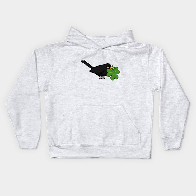 Cute Blackbird with Shamrock Clover Cartoon Kids Hoodie by BirdAtWork